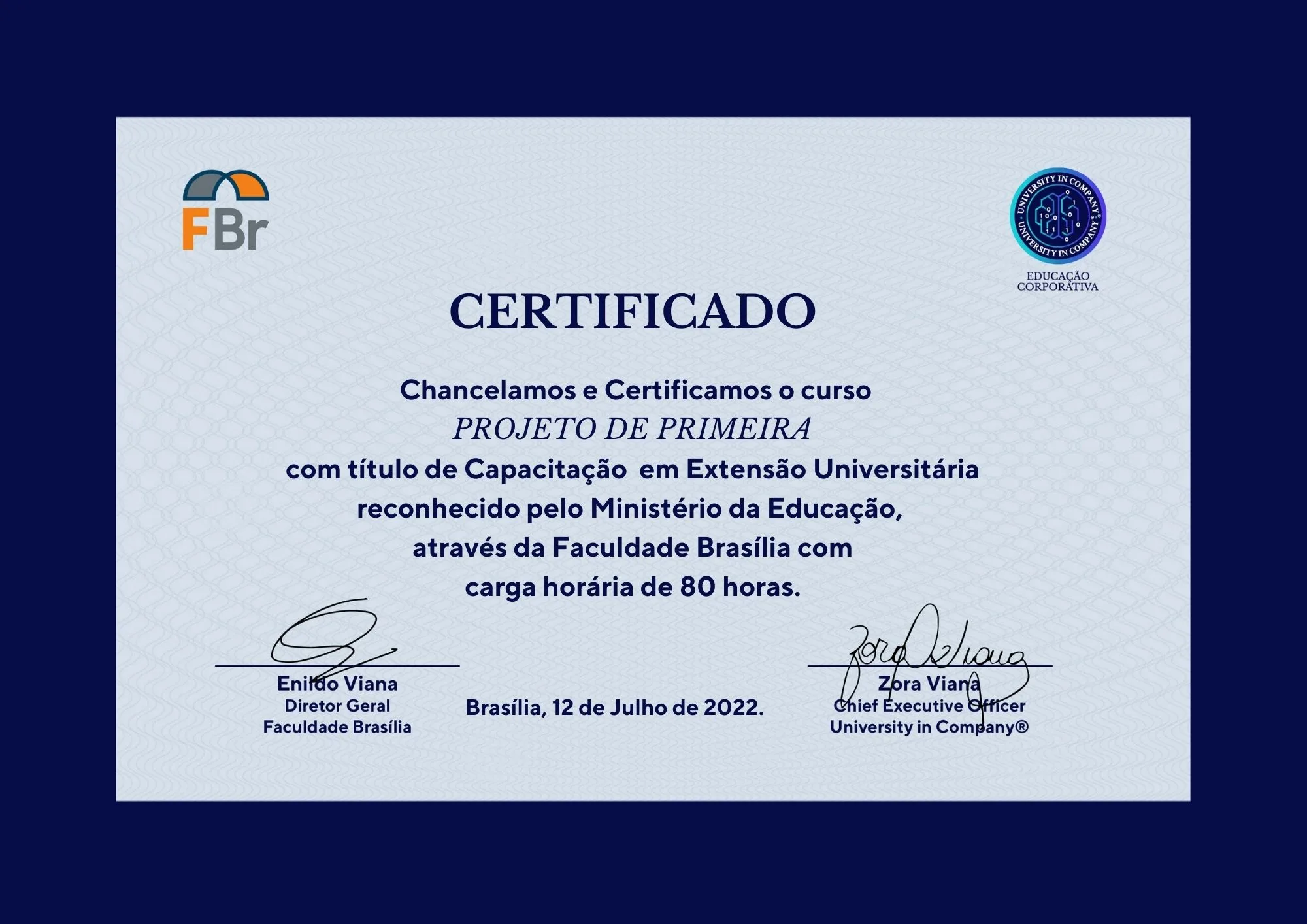 Certificado de Extensão Universitária do Projeto de Primeira, emitido pela Faculdade Brasília