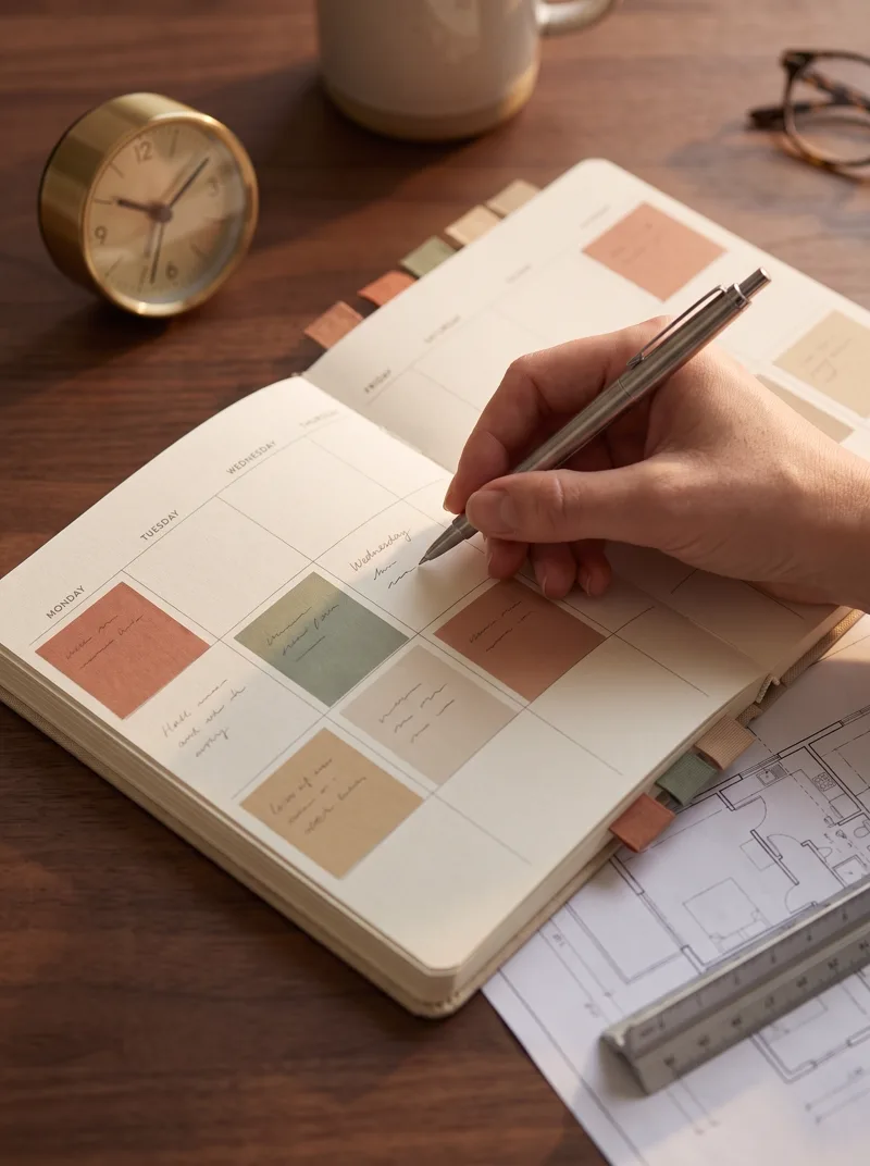Mão escrevendo em agenda semanal com blocos de horário coloridos, planta e escalímetro na mesa