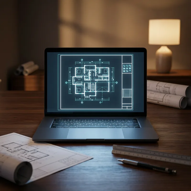 Notebook com planta baixa em linhas claras no software CAD, plantas impressas e escalímetro na mesa