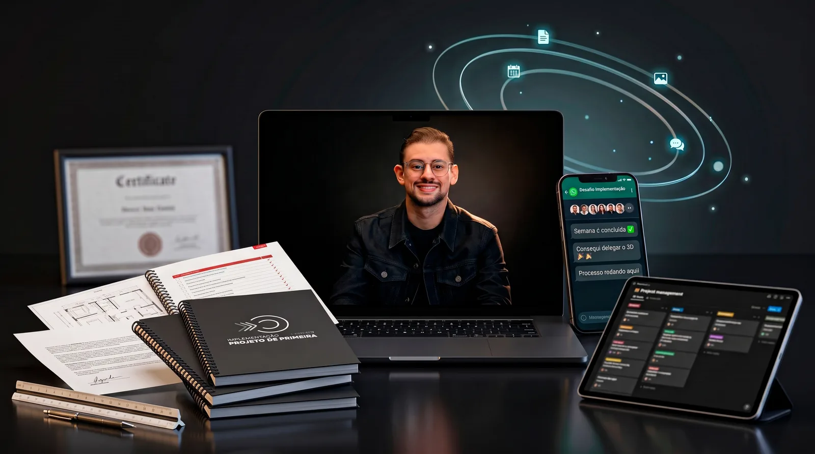 Tudo que vem na Implementação: aulas gravadas com o Rodrigo, grupo do desafio no WhatsApp, workbooks impressos, contrato, central de projetos no Notion e certificado