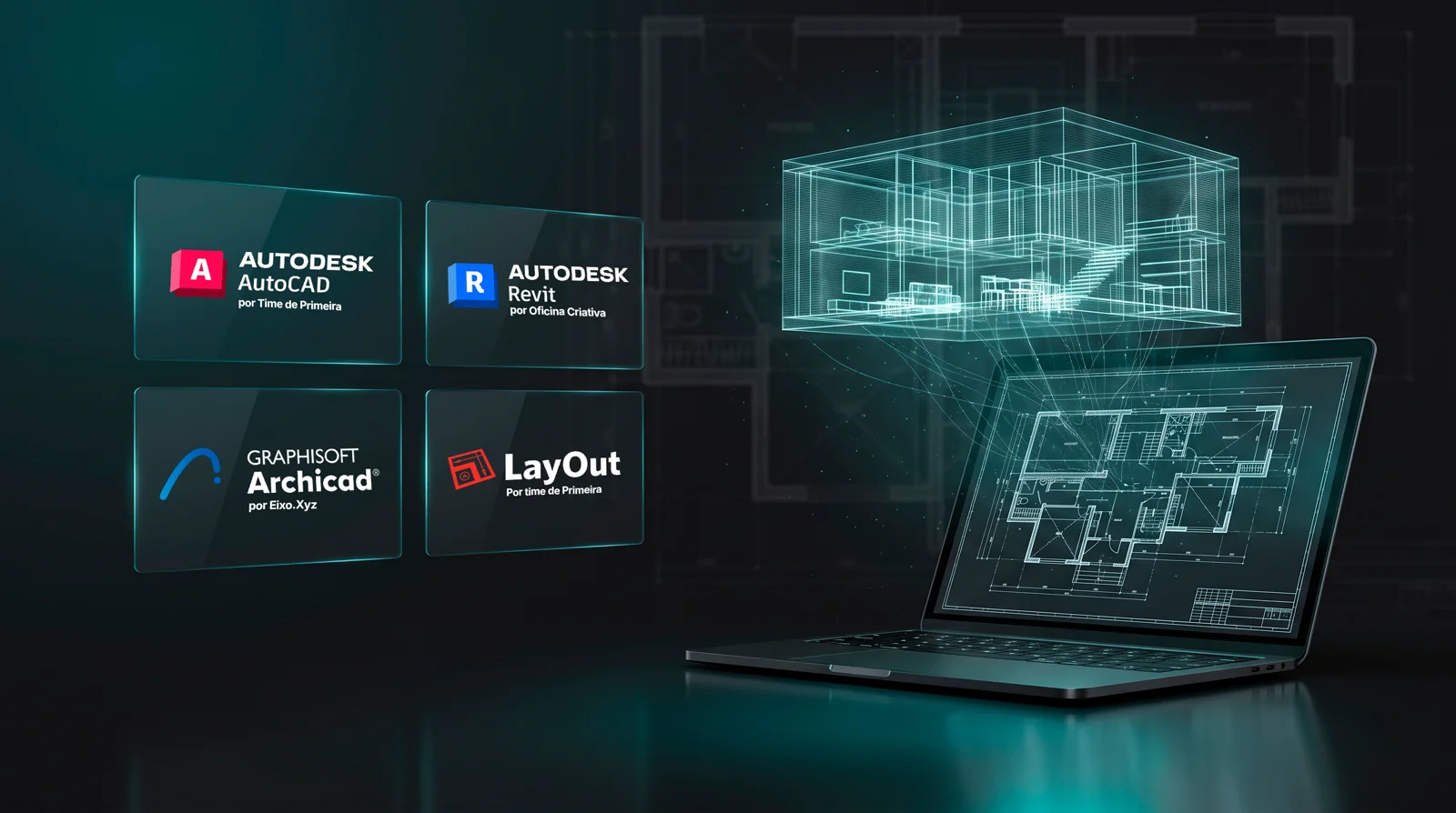 Templates de Primeira: modelos de projeto para AutoCAD, Revit, Archicad e LayOut com planta holográfica saindo do notebook